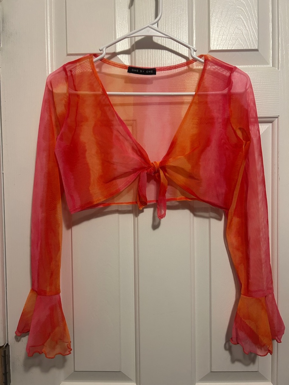 One By One Pink & Orange Tie-Front Mesh Crop Blouse